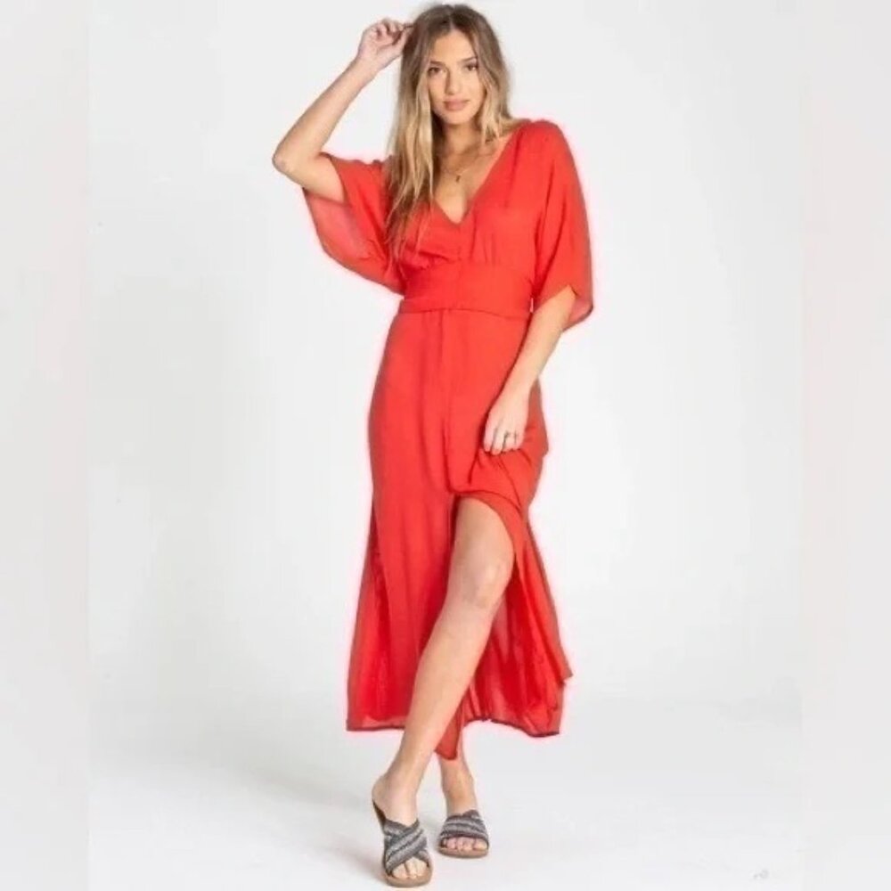 Billabong Red V-Neck Maxi Dress Tie Waist Boho Resort Beach S